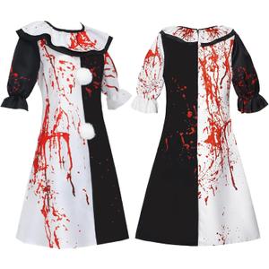 BICOPU Adult Black White Red Dress Womens Scary Killer Costume Horrible Movie Dresses Artthe Cosplay Halloween Outfits(White, S)