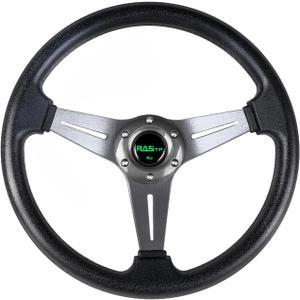 RASTP Universal Racing Steering Wheel 13.8/350mm 6 Bolts Grip Vinyl Leather & Aluminum with Horn Button for Car -Gray