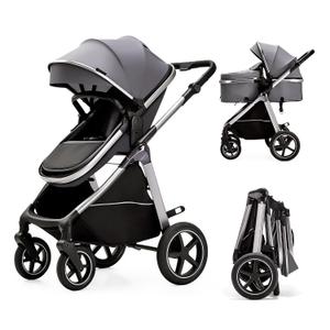 2-in-1 Convertible Baby Stroller, Newborn to Toddler 0-36M, Reversible Fully Reclining Seat, One-Hand Fold, All-Wheel Spring Suspension, 5-Point Safety Harness, Gray