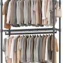 BATHWA Heavy Duty Garment Rack on Wheels, Rolling Clothes Racks for Hanging Storage, Simple Sturdy Metal Wardrobe Closet with Double Rods, 8 Side Hangers, 3 Shelves, Black (47.2"W x 17.7"D x 80.7"H)