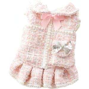Dog Princess Dresses for Small Dogs Lolita Clothes Tweed Costume White Pet Girl Cute Coat Outfits Fall Costumes (M,Pink)