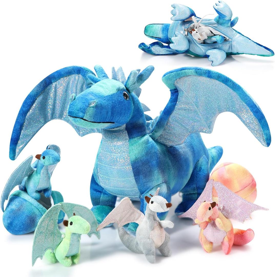Deekin 7 Pcs Dragon Toy Set 16 Inch Large Dragon Stuffed Animal with 4 Baby Plush and 2 Eggs in Mommy's Belly Dinosaur Plushies Gifts for Boys Girls Birthday(Bright Style)