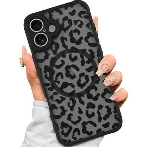 AIGOMARA Case for iPhone 16 [Compatible with MagSafe] Black Leopard Pattern Design for Women Girls Men Soft TPU Bumper Hard PC Back Anti-Fall Shockproof Protective Slim Mganetic Cover