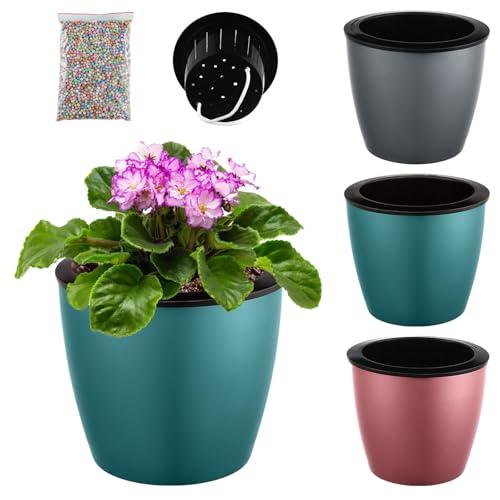 Planterhoma 6.7 Inch Self Watering Pots for Indoor Plants, 3 Packs African Violet Pots, Black Wick Pot with Drainage Holes, Self Watering Planters for Orchid, Devil's Ivy, Silver/Blue/Rose Gold