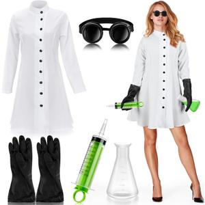 Jiuguva 5 Pcs Women's Mad Scientist Costume Scientist Lab Coat Set for Adult Women Halloween Cosplay Party Costume(Black,2xl)