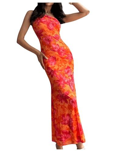 GORGLITTER Women's Asymmetrical Sunset Dress One Shoulder Summer Wedding Guest Going Out Floral Long Sundress Orange M