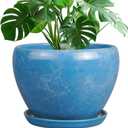 10 Inch Planter Pot - Ceramic Pots for Plants with Drainage Hole and Saucer, Round Large Flower Pot for Indoor Plants, Blue