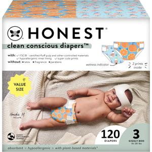 The Honest Company Clean Conscious Diapers for Sensitive Skin | Hypoallergenic, Fragrance Free | Gender Neutral Prints | Super Club Box, Size 3 (16-28 lbs), 120 Count (Prints May Temporarily Vary) (Orange You Cute + Feeling Nauti)