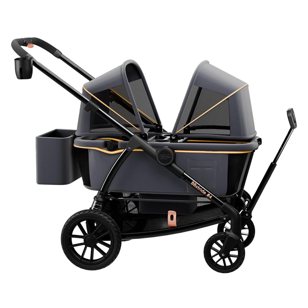Pamo Babe Double Stroller Tandem Stroller for 2 Kids Push Pull Kids Wagon Adjustable Handle Waterproof and Sunproof Canopies Large Removable Storage Baskets