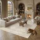 PureCozy 9x12 Beige Living Room Area Rug Vintage Washable Non Slip Indoor Carpet Distressed Low Pile Soft Retro Accent Throw Large Rug for Bedroom Dining Room Office