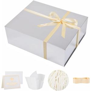 UoeRing 1 Extra Large Silver Gift Box 20x16x7 inch Luxury Gift Box for Presents with Magnetic Closure Lid Collapsible,Birthday,Christmas,Contains Card, Ribbon,Tissue Paper,Shredded Paper Filler
