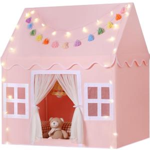 Kids Play Tent Indoor: with Mat, Tassel Garland, Star Lights - Pink Girls Tent Playhouse Kids Toys for Boy Girl Birthday Gift for Kids