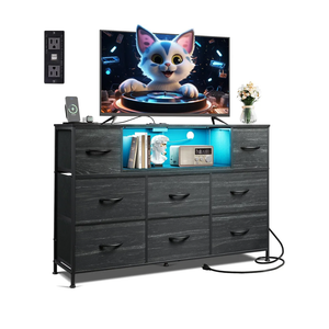 WLIVE Black TV Stand for 45, 50, 55 inch TV, Entertainment Center with LED Lights & Charging Station, TV Media Console Table with 8 Fabric Drawers and Open Shelves for Living Room, Hallway, Wood Top