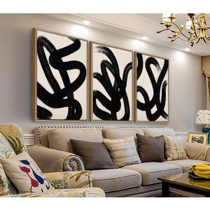 Framed Wall Art Canvas Set Abstract Lines Pictures Modern Mid Century Boho Wall Decor Minimalist Abstract Black Stroke Lines Canvas Painting Artwork Living Room Bedroom Home Office 20"x28"x3 Natural
