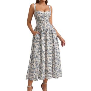 KUTUMAI Floral Corset Midi Dress Flowy Slit Summer Spring Wedding Guest Dresses for Women Sundress with Pockets (Beige, XL)
