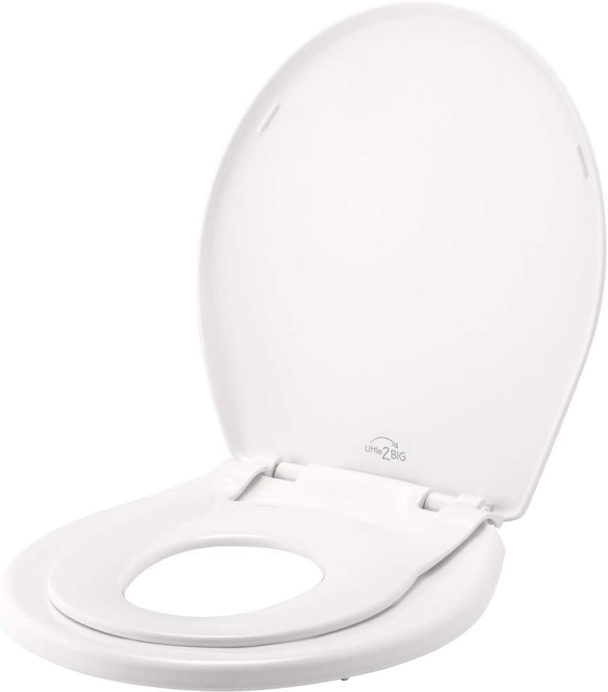 Little2Big Toilet Seat with Built-In Potty Training Seat, Slow Close, Durable Plastic, Made in USA, ROUND, White, 16.95"L x 14.38"W