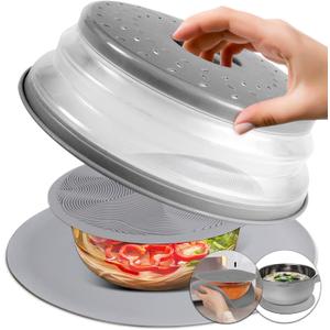 2 x 3 In 1, Aidacom Microwave Mat & Food Cover- 10" Mat as Bowl Holder, 8" as Bowl Cover, Collapsible Lid for Plates Dishes Splatter Guard, Multi-Purpose Silicone Mat & Kitchen Colander for Meal Prep,Grey