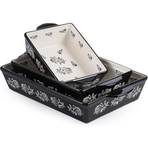 Wisenvoy Baking Dish Ceramic Lasagna Pan Casserole Dish 3-Piece Bakeware Sets Baking Dishes Baking Set Baking Dish Set (Black Flower)