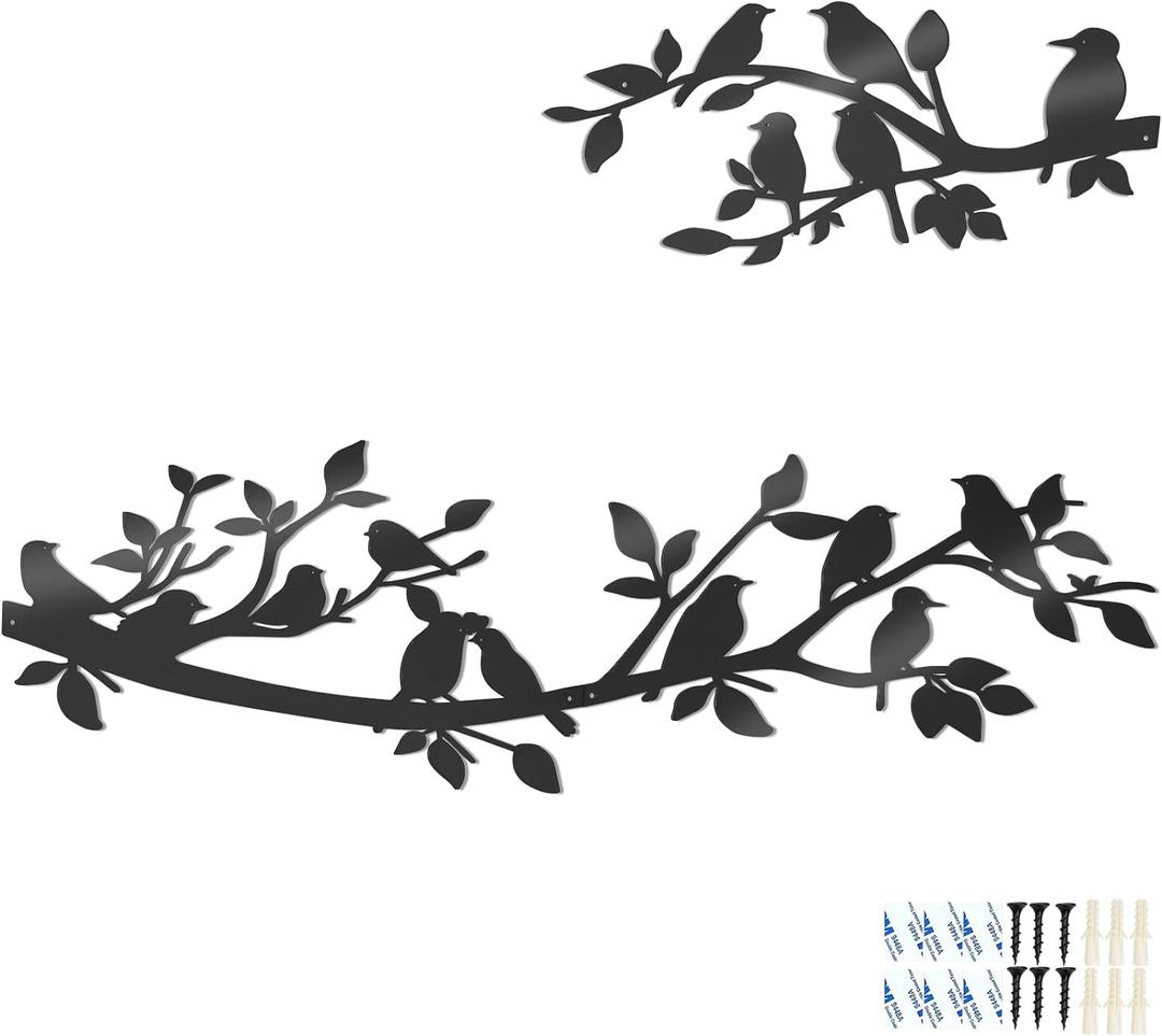 VeyFolzin.st 3Pcs Hummingbird on The Tree Branch Metal Wall Art Decor, Birds on The Branch Large Black Wall Hanging Sign Sculpture for Bedroom Kitchen Garden Indoor Outdoor DIY Decorations (Black)