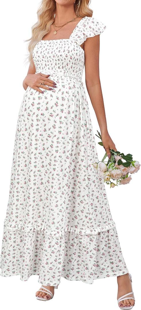 OUGES Womens 2026 Summer Maternity Maxi Dresses for Photoshoot Ruffle Sleeve Square Neck Wedding Guest Baby Shower Long Dress Flowy Pregnancy Must Have Maternity Clothes(White Pink Floral,M)