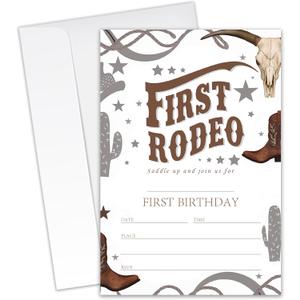 First Rodeo - Wild West Themed 1st Birthday Invitations- 20 Invitation Cards 4"x6" with 20 Envelopes - Saddle Up - First Birthday Party Invitations for Cowboy or Cowgirl.(160)