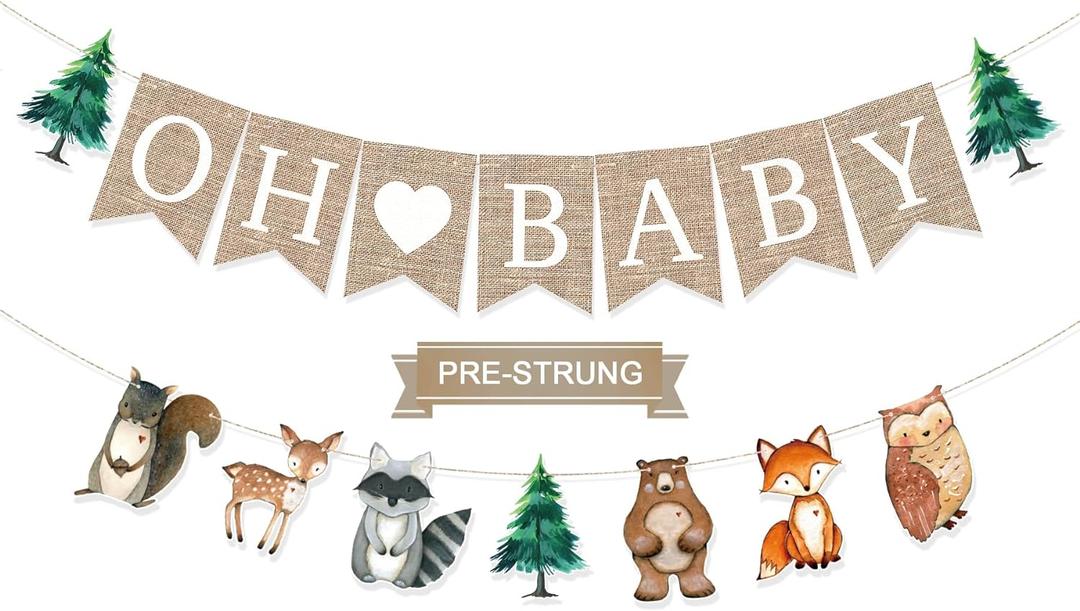 Pre-Strung 6ft Burlap Oh Baby Banner for Woodlands Baby Shower Decorations, Neutral Forest Animals Gender Reveal Party Decor, Multicolor