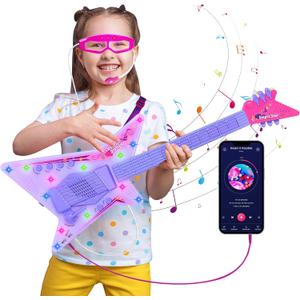 Guitar and Microphone Play Set with Glasses,Music Toys with Music&Light,Kids Karaoke Machine,Music Instruments for Toddlers,Girls,Perschool Educational Toys Gift for Children (Red)