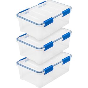 IRIS USA WeatherPro 16 Qt Storage Bins with Lids, 3 Pack, BPA-Free Plastic Gasket Box with Tight Latch and Seal, Stackable Nestable Tote Tub - Clear/Blue (16 Qt. - 3 Pack)