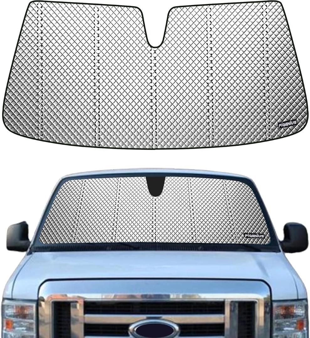 Pigenius Windshield Sun Shade for Ford E-Series (Econoline). 2026 Upgrade Reflective Aluminum Film Front Window Sunshade for Maximum Interior Protection