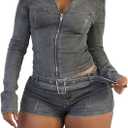 Denim Outfits for Women 2 Piece Casual Long Sleeve Zip Up Cropped Jacket Skinny Jean Shorts Set with Belt, Grey Large