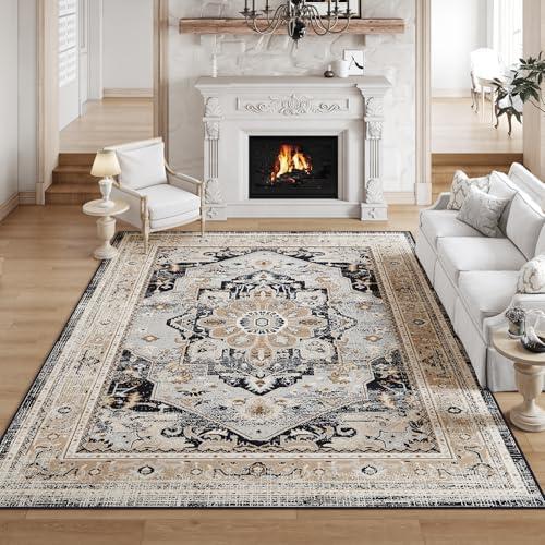 VK VK·LIVING Machine Washable Rug 9'x12' Vintage Design Washable Area Rugs with Non Slip Rugs for Living Room Bedroom Traditional Woven Rug Carpet Stain Resistant, Dining Office Boho Rug, Brown&Black