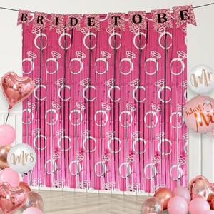 Pack of 2 Bachelorette Party Decorations, 2 Pcs Diamond Ring Pink Backdrops Foil Fringe Curtain Tinsel Streamers for Bachelor Proposal Engagement Wedding Shower Bride Party Supplies