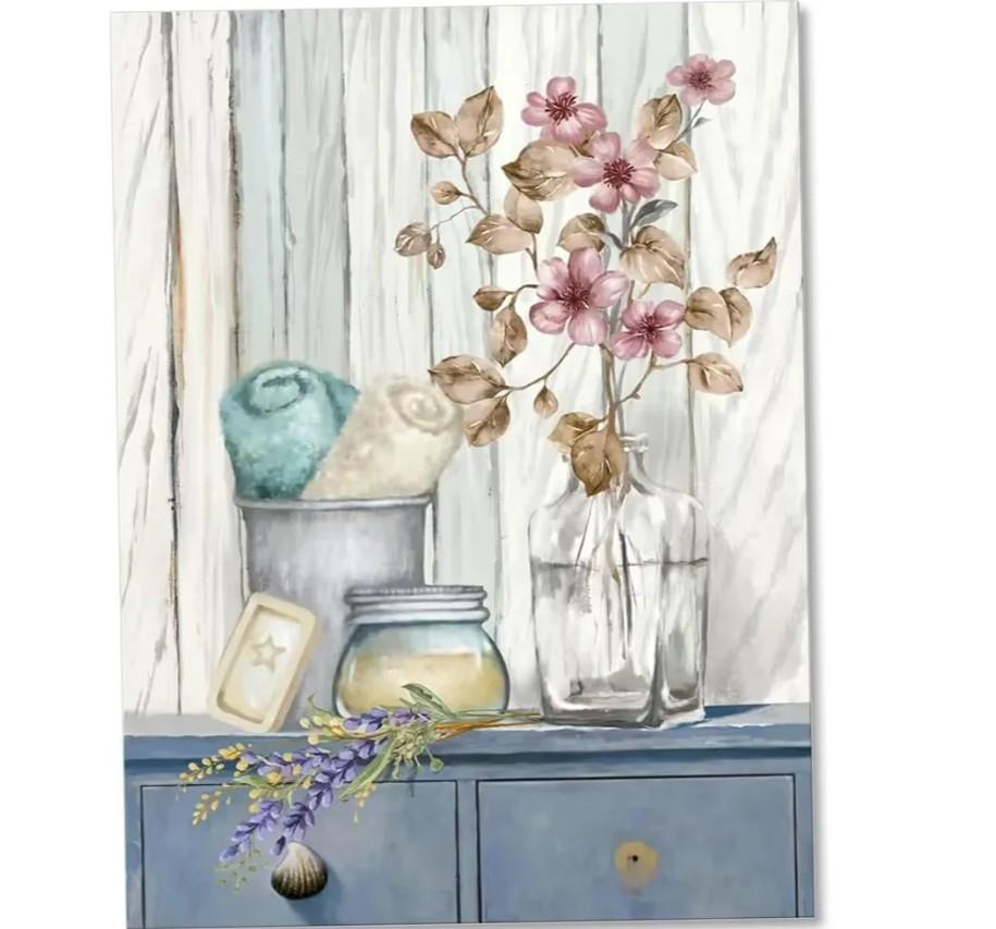 Bathroom Decor Wall Art Farmhouse Flower Pictures Laundry Room Bathroom Wall Decor Pink Poppy Vase Canvas Prints Blue White Painting Framed Artwork