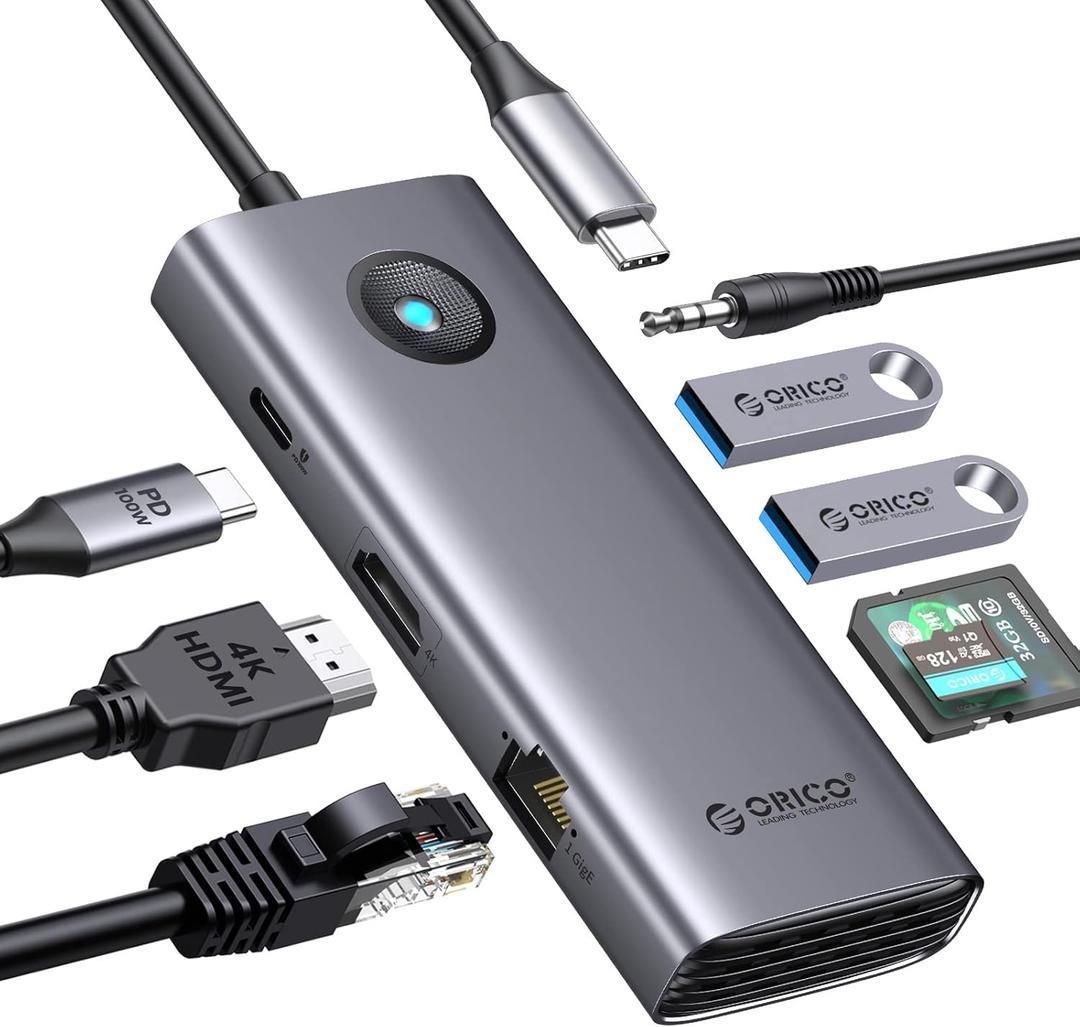 USB C Hub, ORICO 8-in-1 USB C Docking Station with 4K HDMI, 100W Power Delivery, 2 USB Port 5 Gbps, SD&TF, 3.5mm Audio, Gigabit Ethernet Type C Multiport Adapter for Windows Mac (Grey)