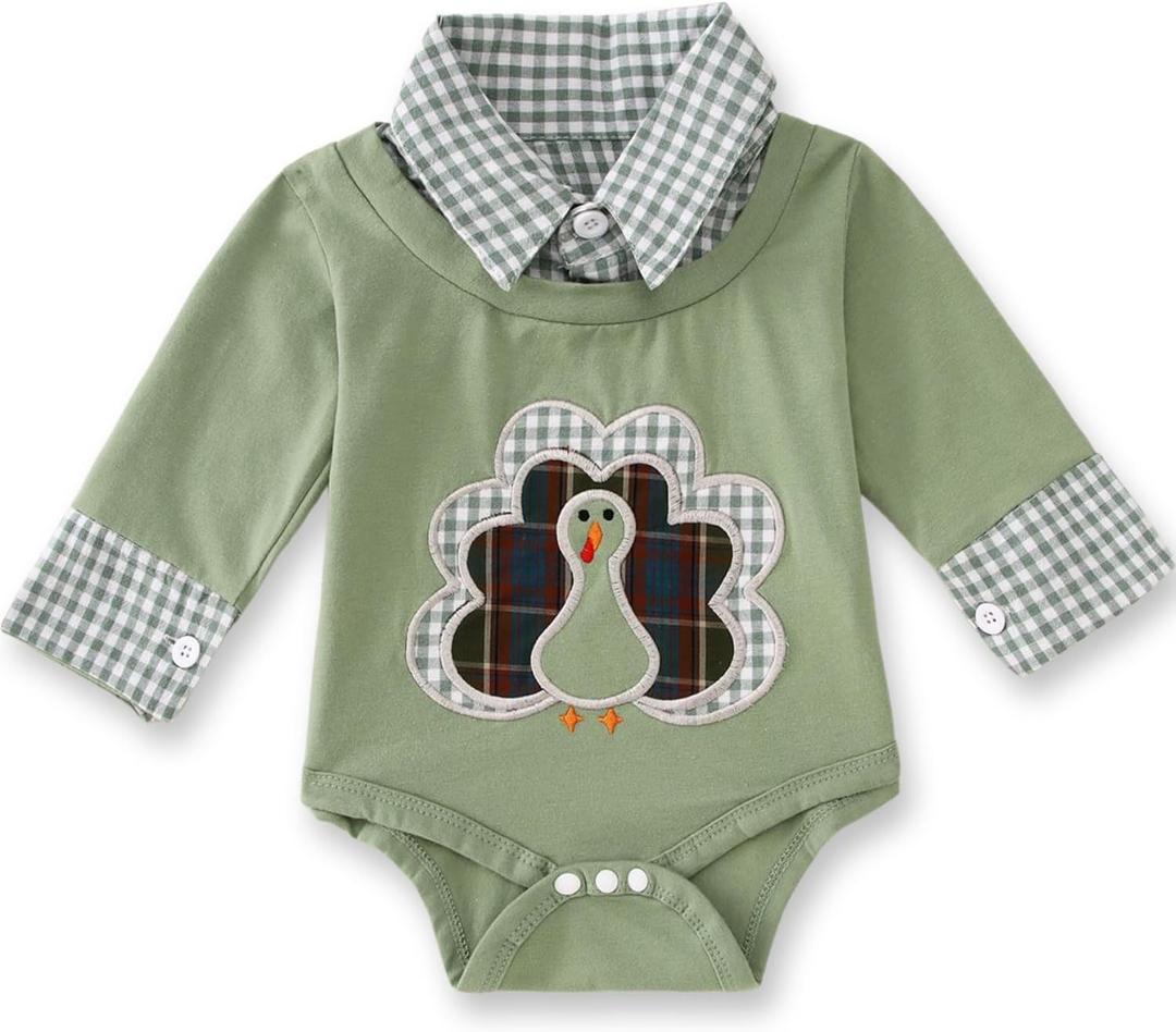 Ritatte Infant Baby Boy Girl Thanksgiving Outfit Funny Turkey Romper Bodysuits Plaid Collar Long Sleeve Onesie Fall Clothes (912Months, Green)