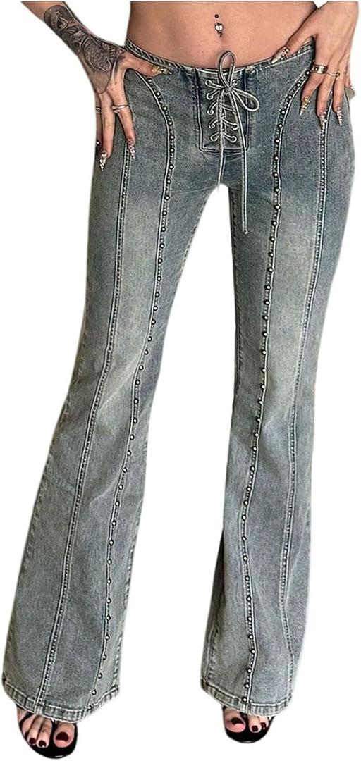 WDIRARA Women's Rivet Lace Up Flare Jeans Y2K Punk Low Waisted Zip Back Denim Pants Medium Wash 30