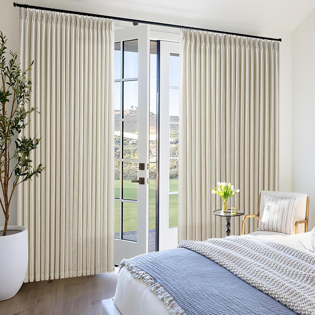 100 Inch Wide Pinch Pleated Extra Wide Curtain Panels 90 Inches Long for Patio Sliding Glass Door Hooks Rings Semi Sheer Beige Linen Privacy 90 Inch Length for Living Room 100x90 1 Panel Oatmeal