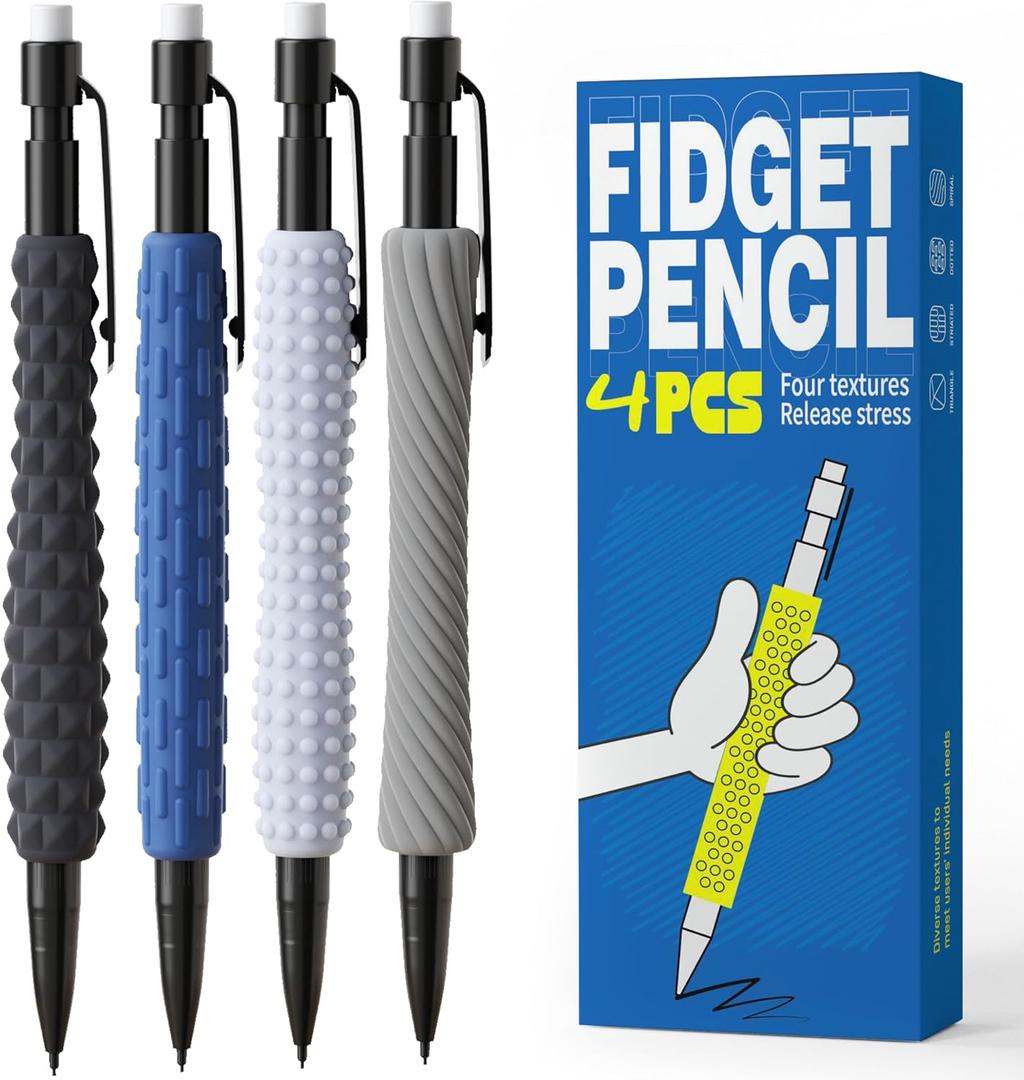 ELETIUO 4-in-1 Silent Fidget Pencil Sensory Focus Tool for Stress Relief, ADHD, Autism & Anxiety. Fine Motor Skills Aid with Textured Silicone Sleeve for for Kids and Adults