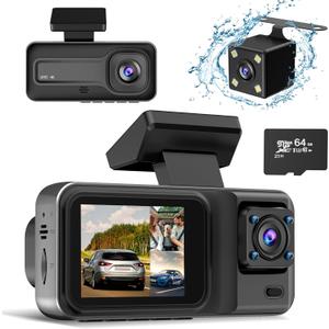 4K 3 Channel Dash Cam with 64GB Card, 4K+1080P+1440P Dash Cam Front and Rear Inside, Dash Camera for Cars with Super Night Vision, 24H Parking Mode, Loop Recording, Motion Detection (BLACK C1)