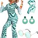 Leumoi 6 Pcs 60s 70s Disco Outfit Women Hippie Costume Accessories Flared Pants Headband Earrings Sunglass (Medium, Stripe)