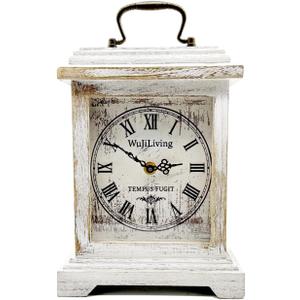 Rustic White Distressed Wood Mantel Clock, Silent Quartz Roman-Numeral Shelf/Fireplace Table Clock for Living Room & Home Dcor
