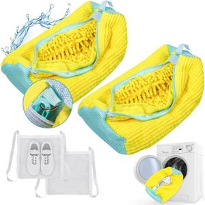2 Pcs Shoe Washing Machine Bags, XXL Laundry Shoe Bags for Washer and Dryer, Sturdy Zipper with Hook Design, 2 Sneaker Dry Bags Included, Reusable Shoe Washing Bag for Sneaker, Tennis, Yellow 2 Packs