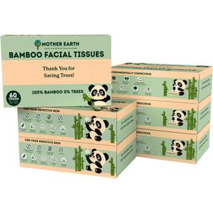 MOTHER EARTH Bamboo Facial Tissue Paper - 4 Ply Tissue Flat Box, Lint-Free, Hypoallergenic, Septic-Safe, Unscented, 60 Sheets per Box, 6-Box Pack, Total 360 Tissues