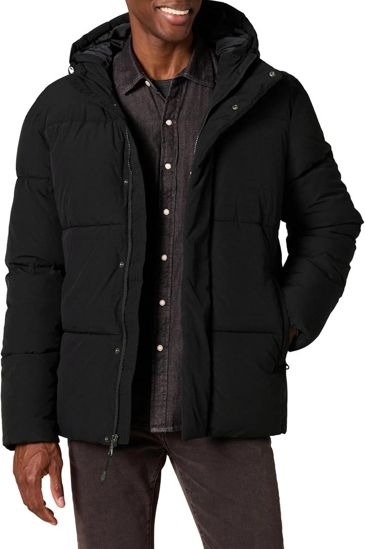 Men's Mid-Length Hooded Puffer Coat, Black, 5X-Large Big Tall