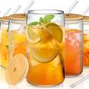 8Pcs Glass Cups with Lids and Straws - 16oz Can Shaped Drinking Glasses Set, Iced Coffee Cup, Beer Glasses Tumbler for Juice, Soda , Smoothie, Boba Tea, Whiskey, Cocktail Include 2 Cleaning Brushes (Clear)