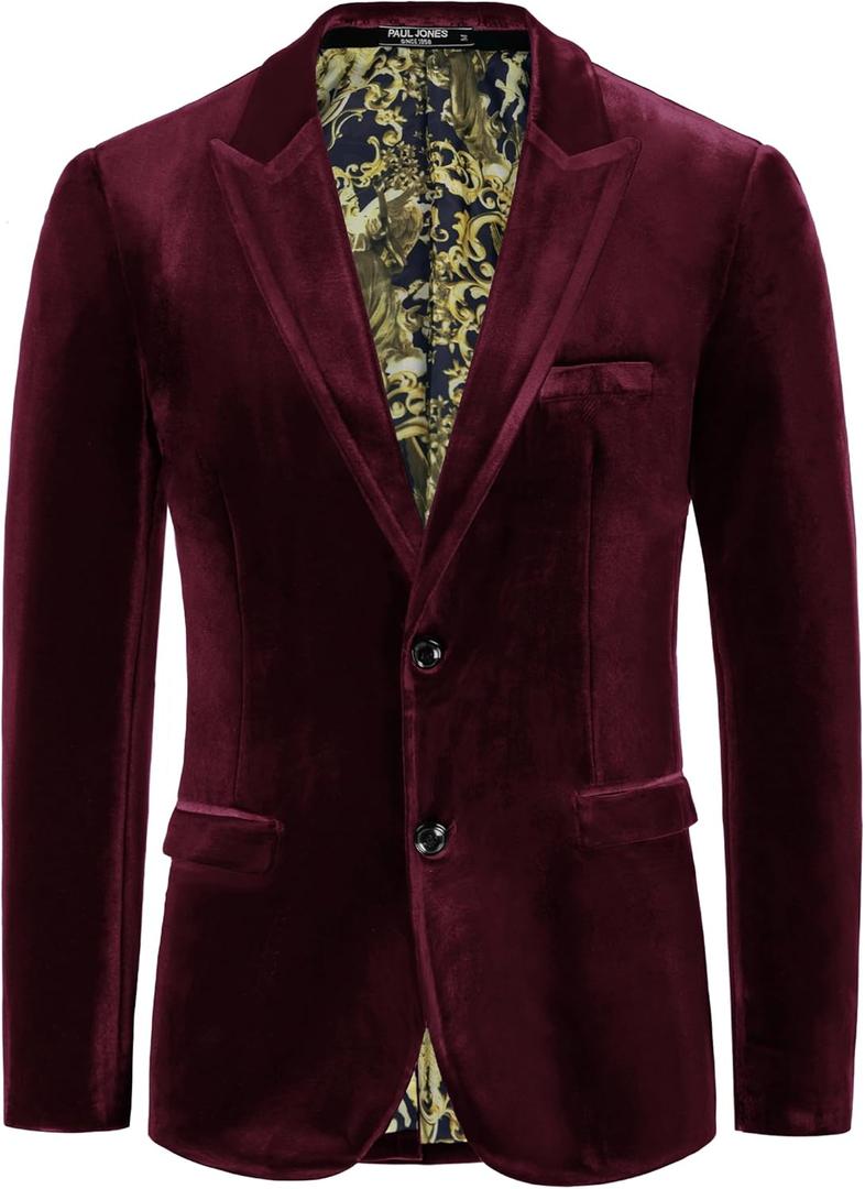 PJ PAUL JONES Mens Velvet Blazer Jacket Two Button Sport Coat Solid Suit Jackets for Dinner Prom Wedding, 3XL
