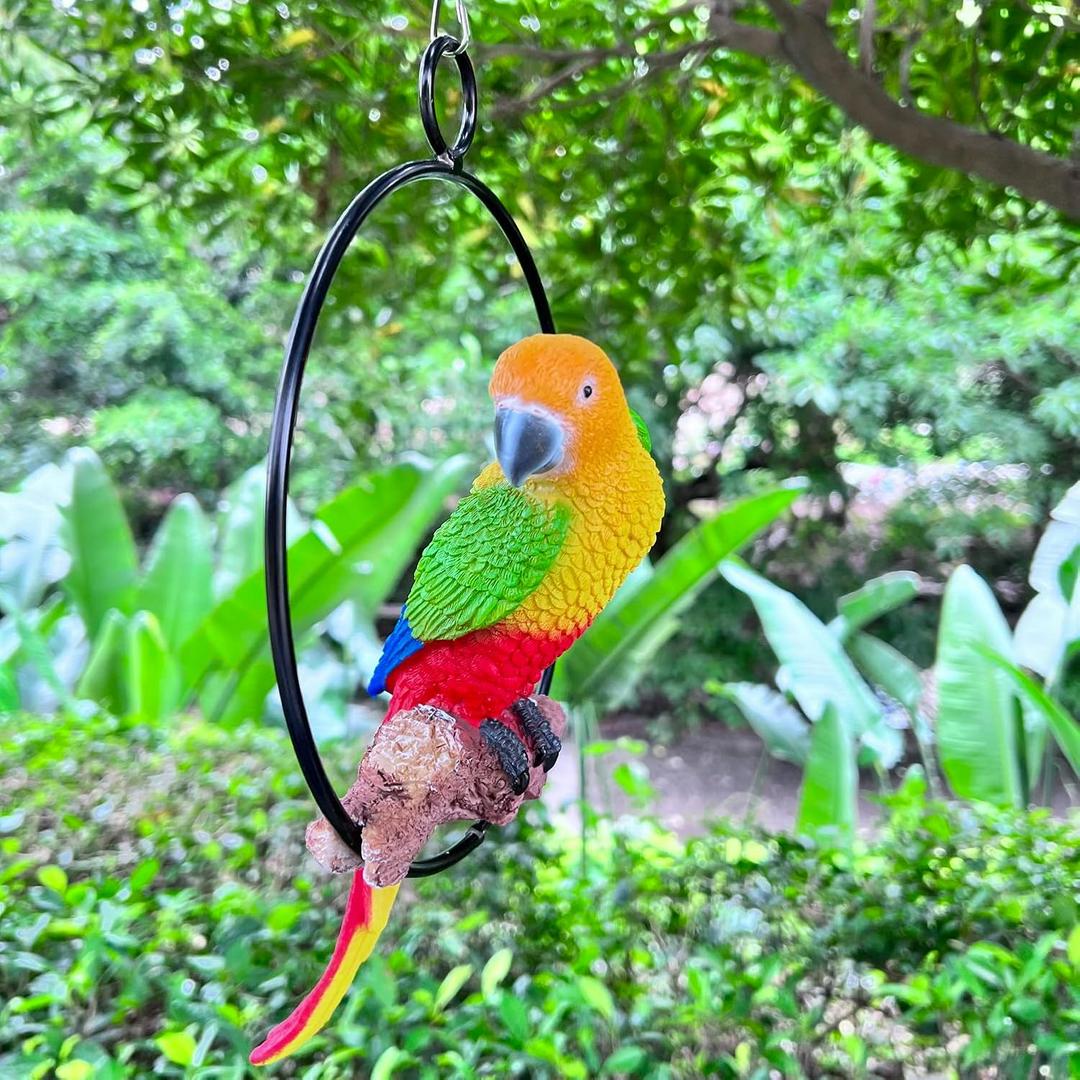 Hanging Parrot Statue Sculpture On Metal Round Ring Decor for Patio Garden Lawn and Nature Lovers Tropical Bird Collectors by Gifts