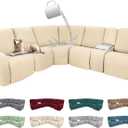 100% Waterproof Sectional Recliner Couch Covers for Reclining Couch L Shaped Corner Sectional Sofa Cover Jacquard Stretch L Shape Recliner Slipcovers (5 Seater 1 Console Cover, Cream)