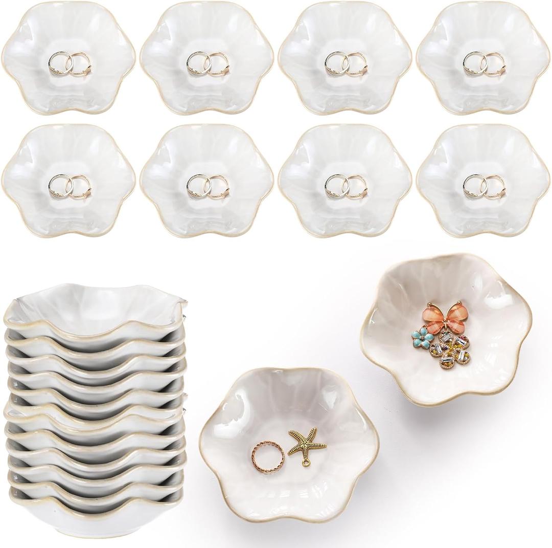 8 Pcs Ceramic Trinket Dish Lotus Leaf Jewelry Tray Small Ring Dish for Earrings, Rings, Jewelry Holder, Key Bowl(White)
