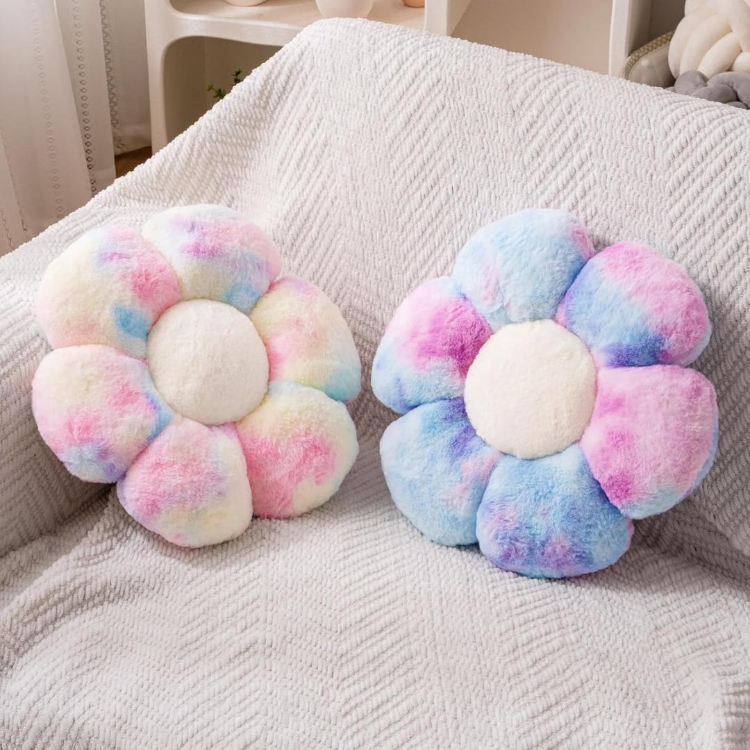 2 Pcs Colorful Throw Pillows, Daisy Shaped Flower Floor Plush Pillows Set, Cute Preppy Room Decor Decorative Throw Pillows for Girls Bedroom Decor (Multicolour Purple & Multicolour Pink, 15 INCH)